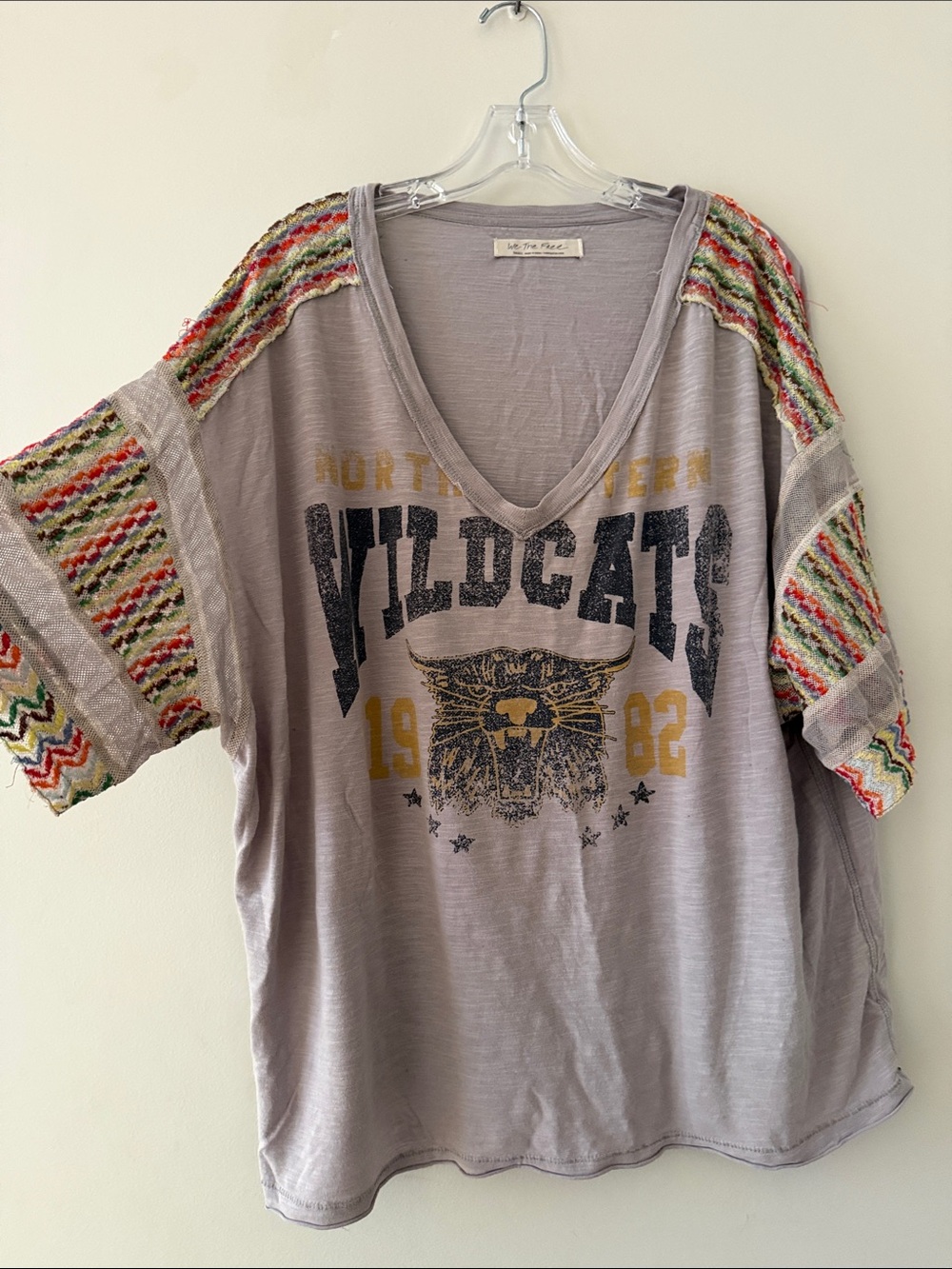 We The Free Taupe Wildcats V-Neck Tee with Multicolor Crochet Sleeves